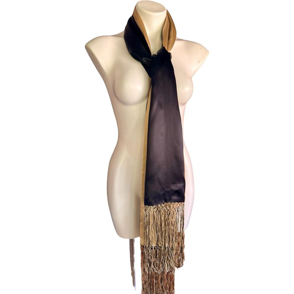 Vintage 1930s Reversible Silk Charmeuse Scarf Wrap Gold Black 21x88 - Picture 9 of 15